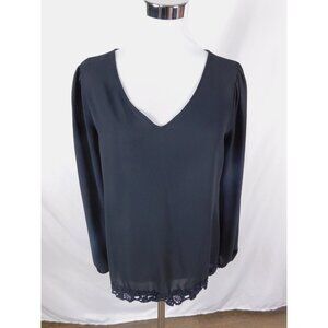 LOFT Black Chiffon Blouse V Neck Lace Hem Long Sleeve Top S - Excellent